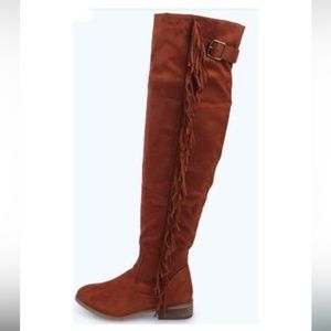 Boohoo Rebecca over knee fringe trim boots